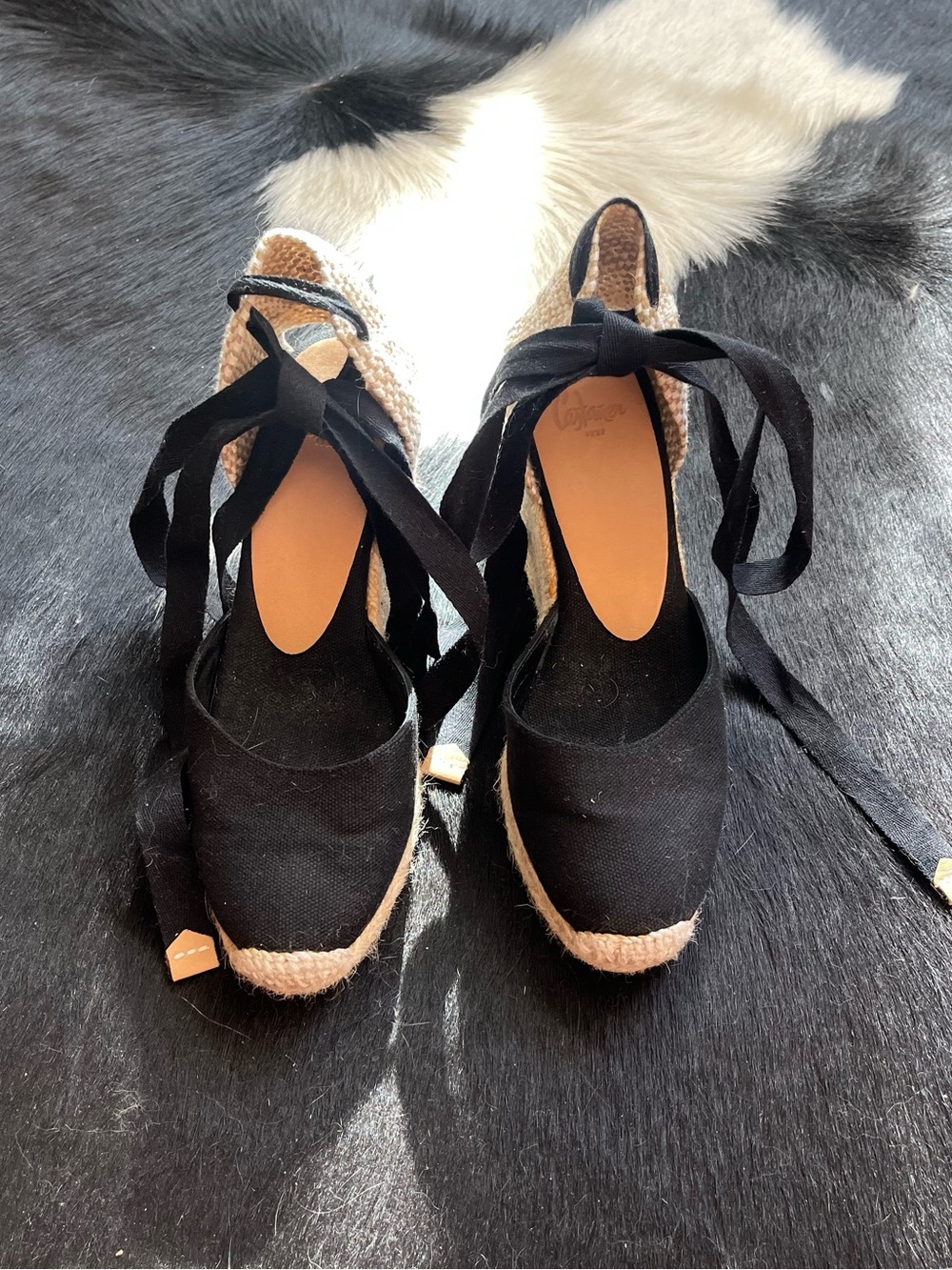 Black Castañer Espadrille Wedge Sandals with Ankle Tie - Women